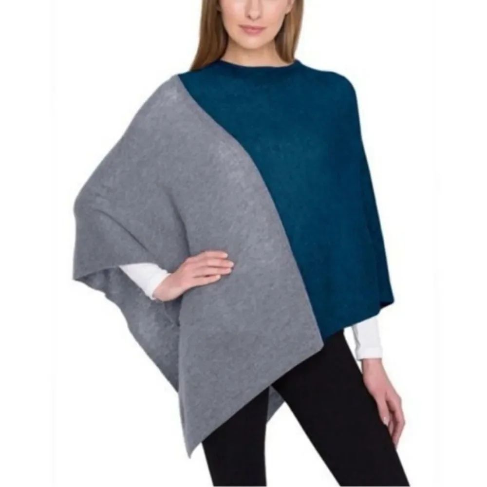 Celeste Wool & Cashmere Two-Tone Poncho Sweater Blue and Gray OS